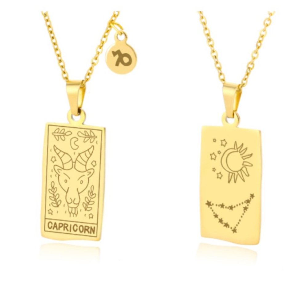 SALE!! 18K Gold Plated Zodiac Capricorn Sign Tarot Card Square Pendant Necklace - Picture 2 of 6